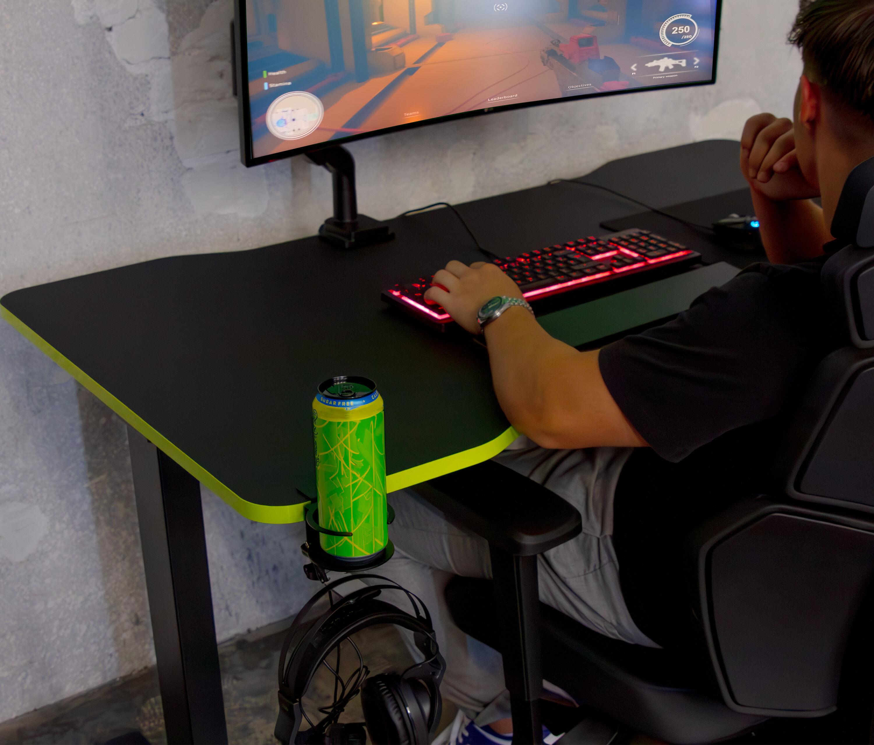 Scrivania da gaming PRIMUS - Dimensione: 140x80 | Colore: Bianco | Forma del piano: Rettangolare | Colore bordo: Acid Green | Superficie: Classico