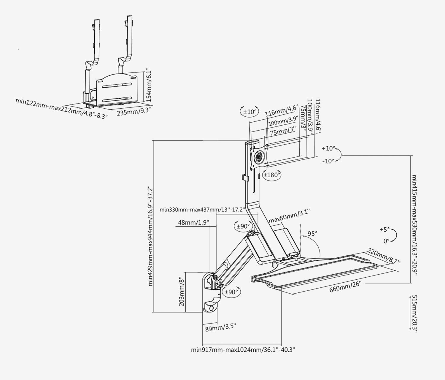 Postazione di lavoro a parete regolabile in altezza