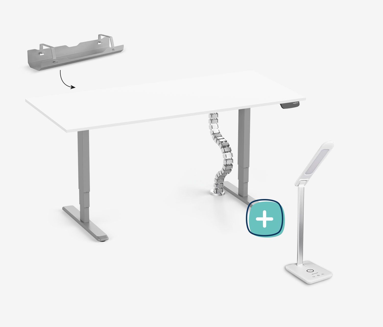 PRIMUS + Kabelwanne, Kabelschlange & Schreibtischleuchte