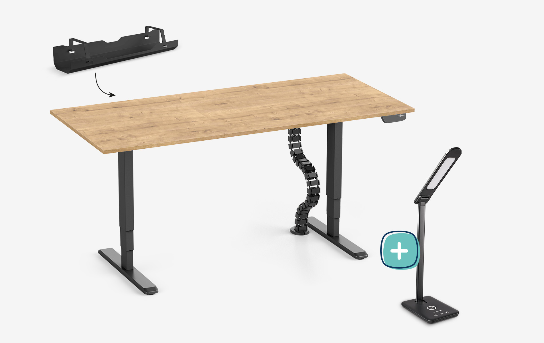 PRIMUS + vaschetta portacavi, serpentina per cavi e lampada da scrivania